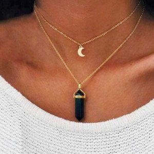 Black stone Moon Crescent 🌙 Pendant Multi-layered Necklace